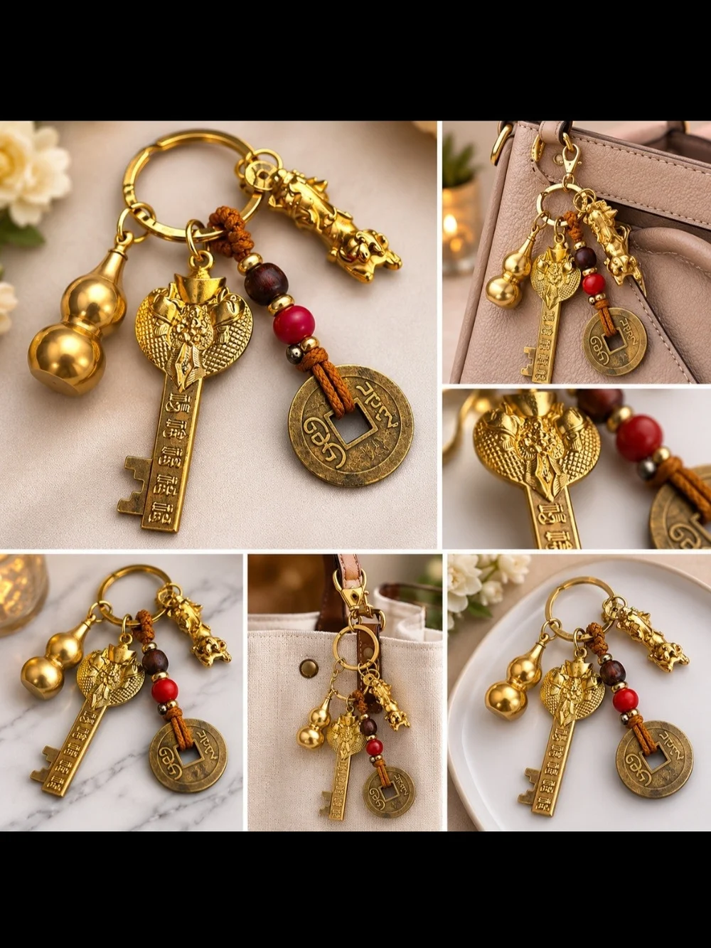 Gold-Tone Good Luck Charm Keychain/ Bag Charm with Red Bead Accent